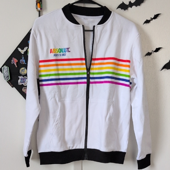 Absolut Vodka Sweaters - Absolut Vodka branded White Rainbow Zip-Up Jacket with Black Neck and Cuffs